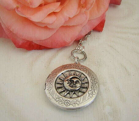 Silver Moon Face Sun Moon Star Locket Wedding Necklace Original Fantasy Mother Daughter Wife Friend Photo Picture - Eliana