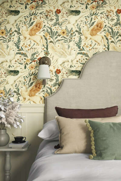Light Mythical Cats Botanicals Wallpaper Black Magic Forest Green Cream Secret Garden