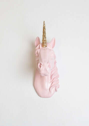 The Bayer in Cameo Pink With Gold Glitter Staff | Unicorn Head | Faux Taxidermy | Cameo-Pink Resin & Gold-Glittered Staff