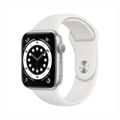 Apple Watch Series 6, 44мм, корпус из алюминия серебристого цвета, спортивный ремешок белый