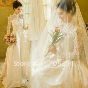 Winter Wedding Dress~Royal Luxury Lace Long Sleeve Beading Smail Trailing Wedding Dress-in Wedding Dresses from Apparel & Accessories on Aliexpress.com