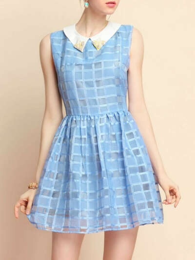 Blue Organza Check Mid Dress - Choies.com