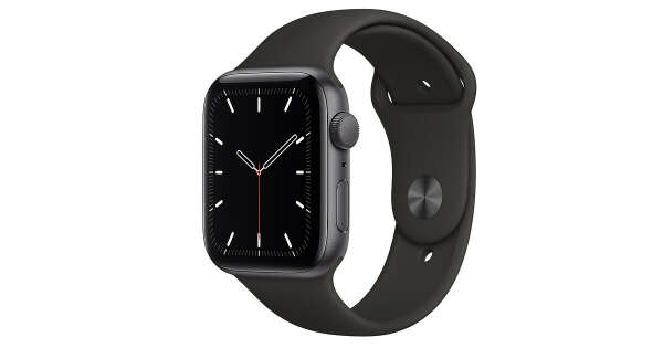 Apple Watch SE GPS, 44 мм, алюминий цвета «серый космос», спортивный ремешок чёрного цвета, размер R (стандартный)