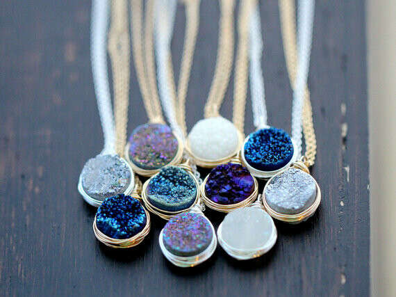 Druzy Bezel Pendant Necklace, Sterling Silver, Gold or Rose Gold, Titanium Agate Quartz Gemstone Fashion