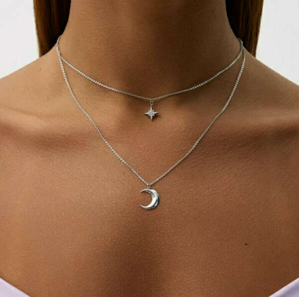 Двойное серебряное колье с луной и звездой Isida