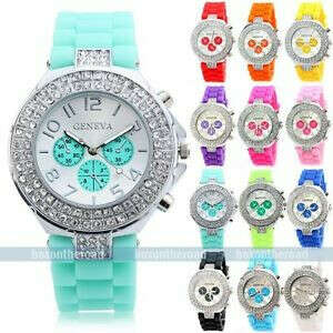 Fashion Geneva Bling Crystal Ladies Women Girl Jelly Silicone Quartz Wrist Watch