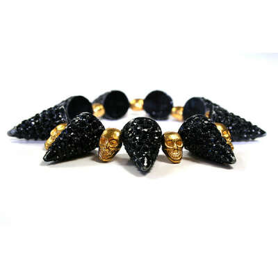 Black Crystal Spike And Gold Skull Bracelet