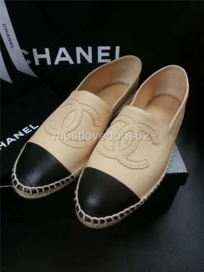 2013 CHANEL Leather Espadrilles Flats beige / black toe US 7/ EU 38