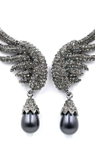 Black Crystal Wing Pearl Drop Earrings Online