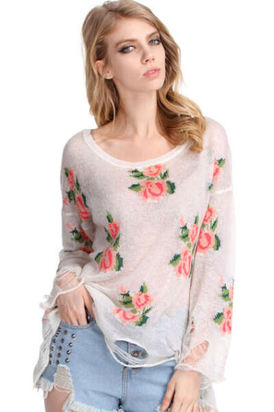 Floral Printed White Irregular Sweater