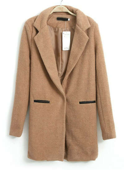 Camel Lapel Long Sleeve Pockets Woolen Coat - Sheinside.com