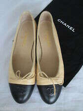 Authentic CHANEL CC Cap Toe Leather Ballet Flats Tan Beige Black 39.5 New