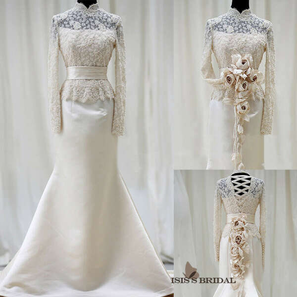 Classic Trumpet High neck Long sleeve satin wedding dress Bridal gown 2012-in Wedding Dresses from Apparel & Accessories on Aliexpress.com