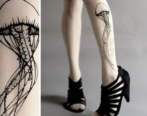 Jellyfish TATTOO gorgeous thigh-high stockings White