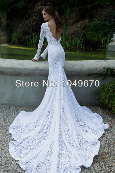 Berta 2014 Collection Long Sleeve Lace Wedding Dresses Sash  Designer  Backless Chapel Train Wedding Bridal Gowns N501-in Wedding Dresses from Apparel & Accessories on Aliexpress.com