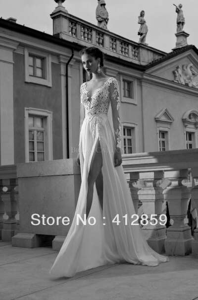 2014 Berta Bridal Spring V Neck Sexy Long Sleeves Wedding Gowns Appliqued See Through High Slit Backless Wedding Dresses-in Wedding Dresses from Apparel & Accessories on Aliexpress.com