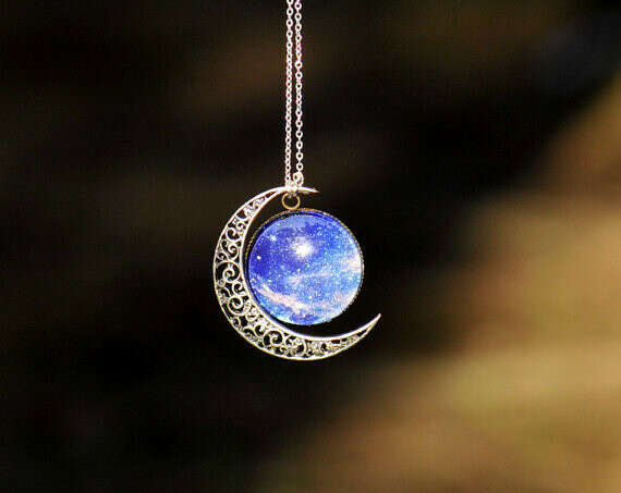 Moon necklace ,Charm necklace,Silver hollow star galactic cosmic moon necklace