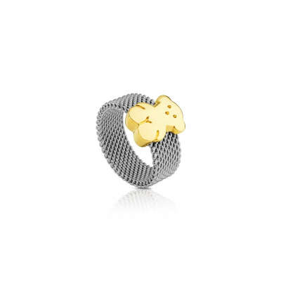 Кольцо Mesh из стали с золотым мишкой