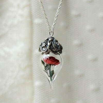 Classic Red Rose Flower Glass Vial Terrarium Necklace by Woodland Belle