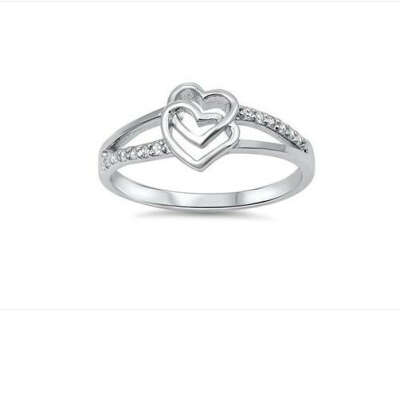 Sterling Silver Ring With Double Hearts And Cubic Zirconia