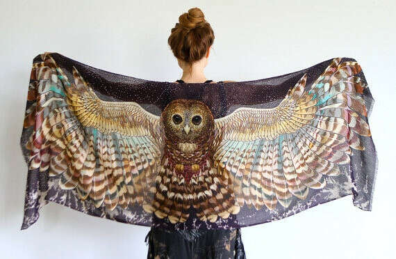 Owl art scarf, NIGHT version, Hand painted printed Owl Wings, stunning unique and useful, perfect gift