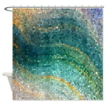 Artistic Shower Curtain - Distant Shores , Teal, Aqua, blue, ocean, waves, island, travel, cruise, sea, art, coastal decor, bath, home