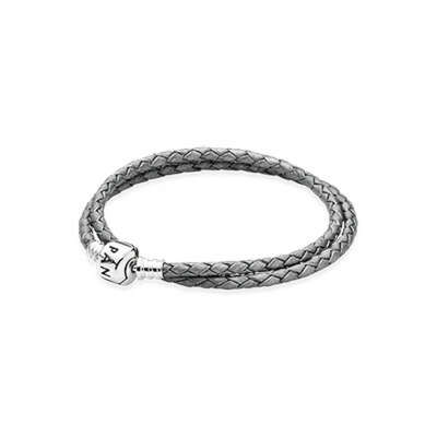 PANDORA | Двойной кожаный браслет с застежкой из серебра, серый