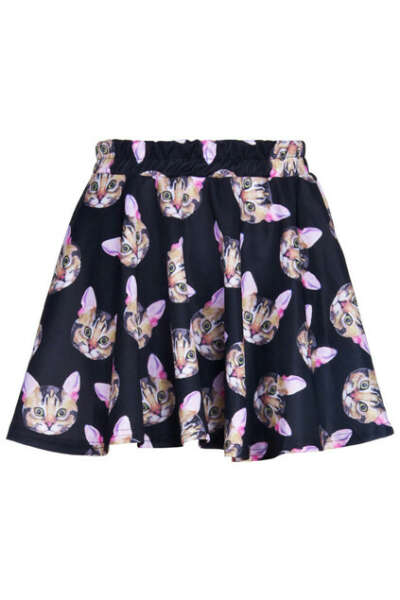 Pink Cat Print Black Skirt