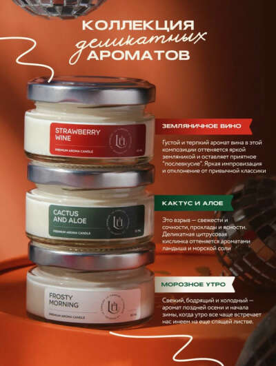 Свечи: земляничное вино, кактус и алоэ, морозное утро