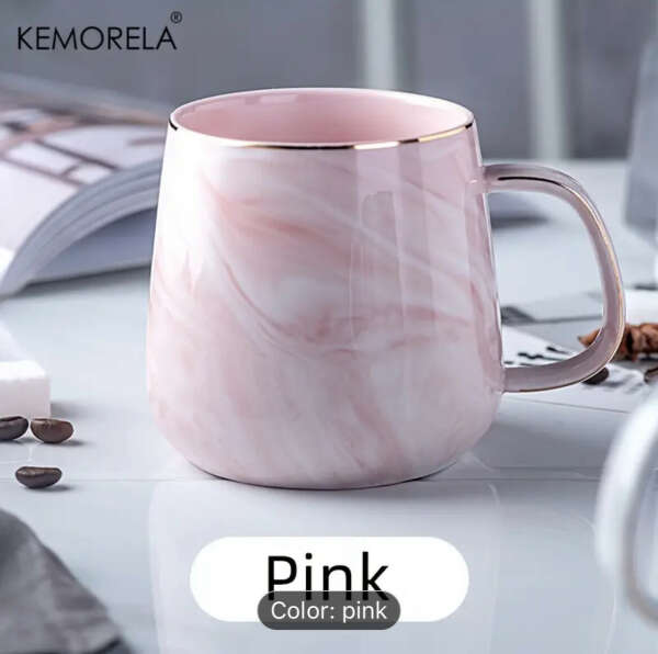 KEMORELA 13.5oz Golden Rimmed Ceramic Coffee Cup with Marble Texture Design - Stylish Pink & Grey Swirl or White & Black Marble Pattern, Large Capacity for Oatmeal, Milk, Perfect Holiday Gift, Beverage Serving Cups | Elegant Coffee Mug | Reusable Mug