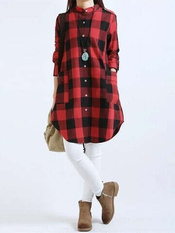 Women Long Sleeve Boyfriend Scottish Plaid Pockets Button Blouse