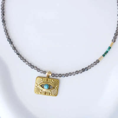 Колье-чокер на шею "CLEOPATRA" из натуральных камней раухтопаз и азурмалахит с золотистой подвеской глаз с бирюзой, SENTUAL STORE