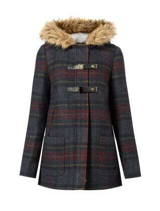 Dark Blue Check Furn Trim Duffle Coat