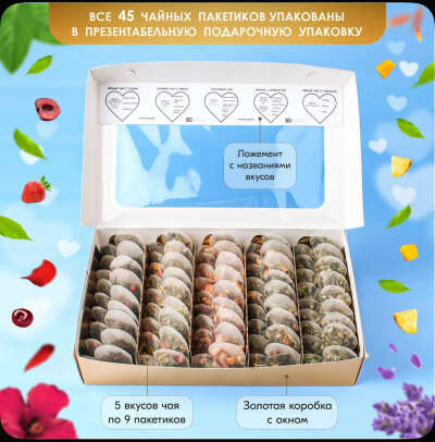 Подарочный набор чая ассорти в пакетиках: листовой индийский черный чай, китайский зеленый, рассыпной фруктовый.