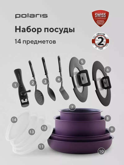 Набор посуды EasyKeep-14D из 14 предметов cо съемной ручкой