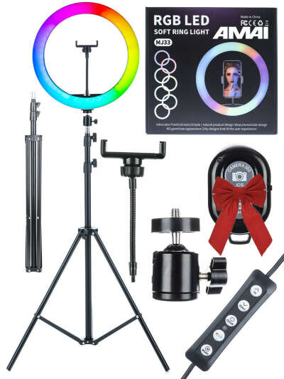 Светодиодная RGB кольцевая лампа цветная (мультиколор) AMAI RGB MJ33 32 см для фото, видео съемки, для селфи, визажиста, блогера с держателем для смартфона, с металлическим штативом 70-210 см, Bluetooth пультом