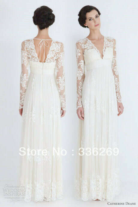 In Stock  US 4  6  8  10 12 14 White Or Lvory V Neck Covered Long Sleeve  Lace Wedding Dresses Free Shipping-in Wedding Dresses from Apparel & Accessories on Aliexpress.com