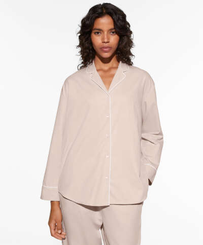 Pajama shirt % 100 pamuklu piping uzun kollu pijama gömlek